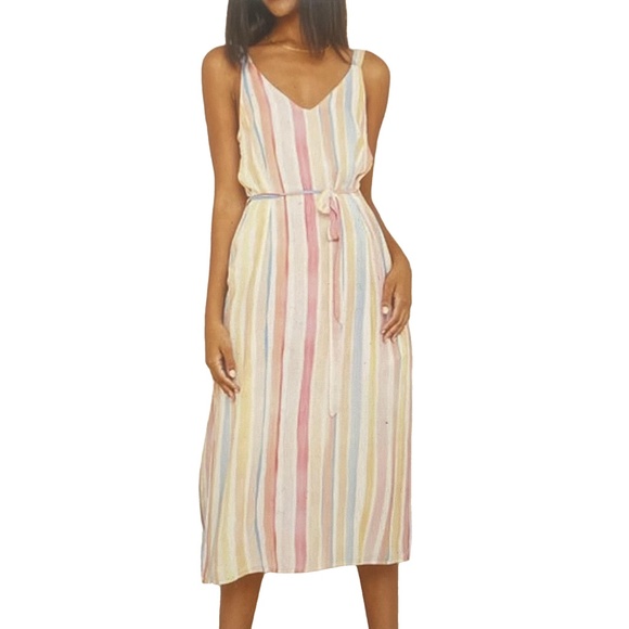 BELLA DAHL Rainbow Stripe Tie Waist Midi Dress Coastal Chic Summer – Size S - Picture 1 of 15